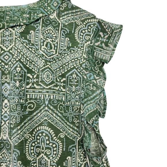 Lucky Brand Green Geometric Tribal Aztec Blouse Ruffle Sleeve V Neck Large - Picture 5 of 13